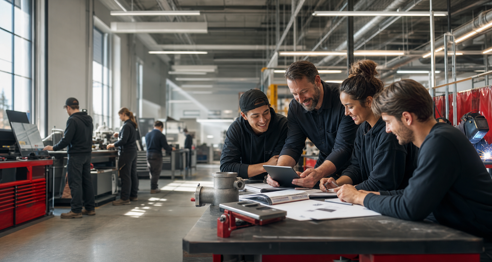Trades learners and instructors in a modern training centre